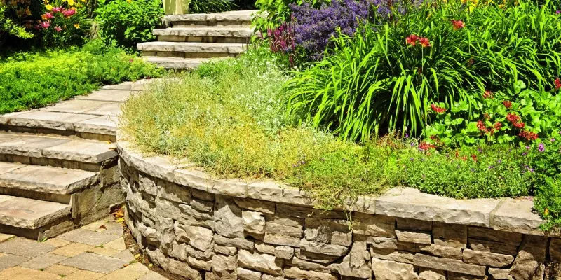 Retaining walls for erosion control in a yard.